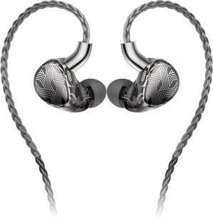 Auricular intrauditivo FiiO FA19 gris ahumado de resina translúcida con faceplate plateado de diseño geométrico y cable trenzado, vista frontal