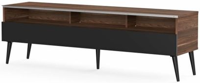 Meuble TV en bois foncé avec deux compartiments ouverts, pieds en métal noir et plateau supérieur