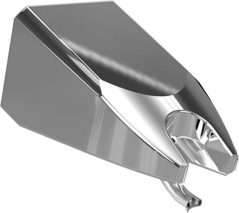 Diamante per puntina giradischi Ortofon Stylus Century, vista in prospettiva, finitura argentata, forma angolare, punta visibile