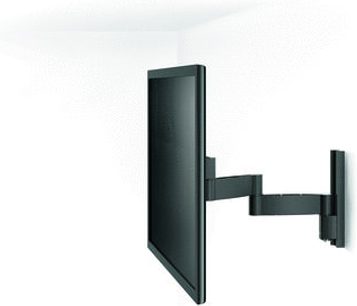 Vogel's Wall 1245 sort vægbeslag til fladskærm, set forfra og fra siden, udfoldet drejeligt armsystem, mat sort finish