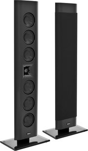 Sorte Klipsch Gallery G-28 kompakte højttalere set forfra, 6 cirkulære højttalere, centralt diskantdome-tweeter