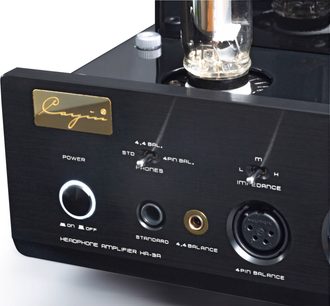 Cayin HA-3A high-fidelity headphone preamplifier in black brushed aluminum, three-quarter front view, with gold logo plate, visible glass tube on top, backlit ring power button, and multiple standard and balanced headphone jacks