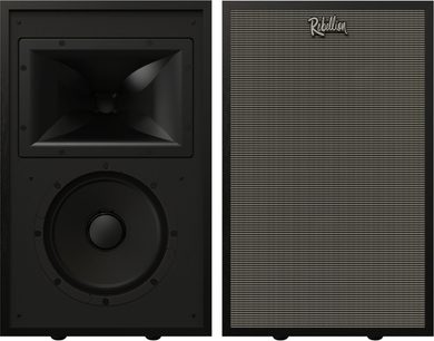 Diffusore da scaffale Klipsch Rebellion nero, vista con altoparlante e tromba, griglia frontale removibile con logo