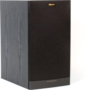 Regálová reprosoustava Klipsch RB-61 MkII černá, pohled zepředu a z boku, tmavé dřevěné tělo, černá mřížka se zlatým logem