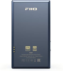 Prenosni audiofilski predvajalnik FiiO M21 v modri aluminijasti barvi, zadnji pogled prikazuje matirano pravokotno ohišje z logotipom FiiO, tri pozlačene stranske stikale in oznako Hi-Res Audio