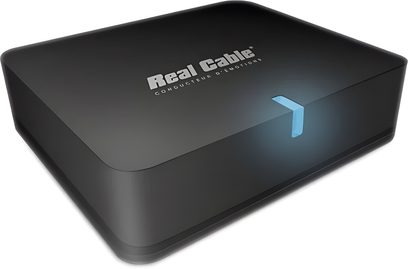 Transmetteur sans fil Real Cable iPlug-BTR HD noir en plastique, bords arrondis, LED bleue frontale, vue trois-quarts