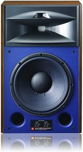 Mørkebrun træhøjttaler JBL Studio Monitor 4429 gulvhøjttaler, blå gitter, synlige højttalerenheder, vippet fod