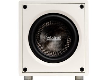 Velodyne VI-Q 10 witte subwoofer, vooraanzicht, centrale zwarte luidspreker op witte vierkante voorkant