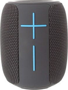 Yourban Getone 25 harmaa bluetooth-kaiutin, edestä katsottuna, teksturoitu pinta, siniset ristikkäiset äänenvoimakkuuspainikkeet keskuspaneelissa