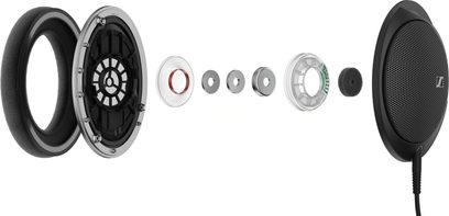 Open bedrade hifi-hoofdtelefoon Sennheiser HD 550 in een exploded view met oorkussens, transducers, roosters en interne circulaire componenten