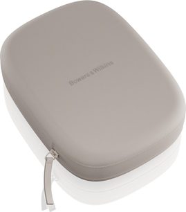 Tvrdé zipové pouzdro Bowers & Wilkins z béžové texturované tkaniny, s reliéfním logem, pohled shora v mírném úhlu