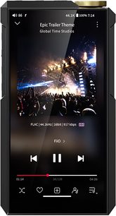 Reproductor de audio hi‑fi FiiO M27 negro, gran pantalla táctil con reproducción FLAC, rueda de volumen dorada en el borde superior