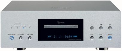 Børstet aluminiums 4K Blu-ray-afspiller Esoteric DV-60, frontpanel med display, knapper og stik, set forfra