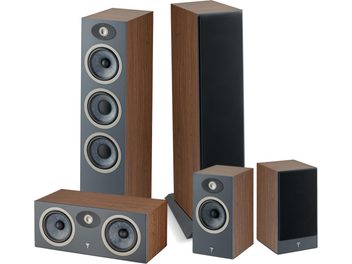 Focal Theva Pack N°3 floorstanding speaker package in walnut, 5 dark wood speakers, 3 large and 2 small, with black speaker drivers