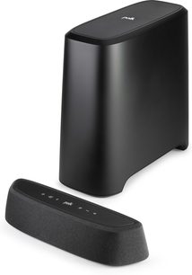 Polk Audio MagniFi Mini AX soundbar i mat sort, set forfra og fra siden, med matchende subwoofer