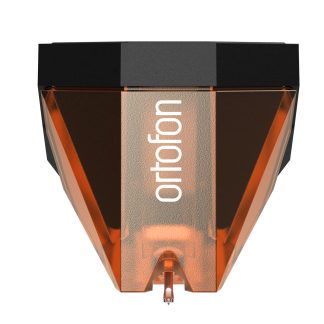 Pointe de lecture pour platine en plastique orange translucide, dessus noir, logo Ortofon vertical, vue de face