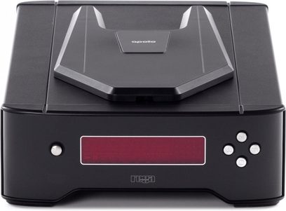 Rega APOLLO CDP sort CD-afspiller, set forfra, lukket låg, front med rød display og 4 kontrolknapper