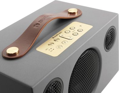 Enceinte sans fil Audio Pro ADDON C3 gris avec poignée en cuir marron, boutons dorés sur le dessus et grilles noires
