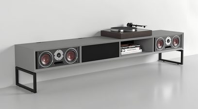 Clic Classic Series Model 140 gray wooden AV furniture, open shelves, speakers, turntable, black feet