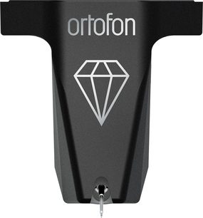 Cellule hi-fi Ortofon MC X40 en boîtier noir mat métallique, vue de face, logo ortofon argenté en haut, motif diamant argenté au centre, pointe de lecture apparente en bas