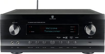 Sort Tonewinner AT-2300 Pro hjemmebiograf-forstærker med frontpanel med centralt digitalt display, store volumeknapper og mikro-USB-indgange