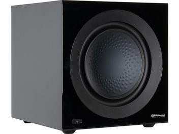 Subwoofer cúbico negro lacado Monitor Audio Anthra W12, altavoz circular en la parte frontal, LED azul