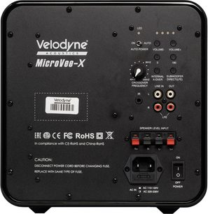 Velodyne MicroVee-X sort subwoofer, set bagfra med kontrolpanel, RCA-tilslutninger og højttalerterminaler