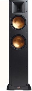 Klipsch RF-82 svart golvhögtalare, framifrån, med två runda gyllene högtalare och en diskantdiskantenhet i mitten