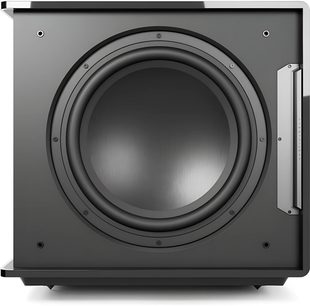 Subwoofer MartinLogan Grotto 15 v černém laku, pohled zepředu s viditelným velkým centrálním reproduktorem