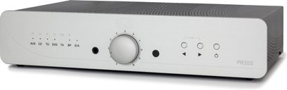 Atoll PR200 Signature stereo preamplifier in silver, with brushed aluminum faceplate, knobs, jacks, and buttons