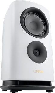 Canton Reference 9 GS bookshelf speaker in matte white, front view from a slight low angle with black drivers