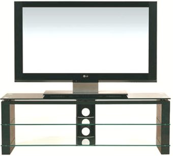 Tv-møbel i glas og sort metal med 3 hylder, 4 firkantede ben og en midterhylde til fladskærm