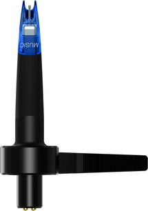 DJ-pladespillercelle fra Ortofon Concorde Music Blue, set forfra, sort krop, blå translucent nål, med påskriften "MUSIC"