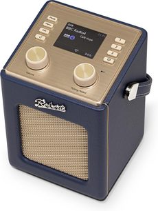 Vernetzter Lautsprecher Roberts Mini 2 in Marineblau, Kunstleder, 3/4-Ansicht, goldene Oberseite mit Display und zwei Drehknöpfen, Frontgitter