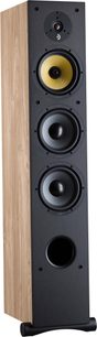 Sloupcový reproduktor Davis Acoustics Ariane 7 v světlém dubovém provedení, pohled 3/4, s výškovým reproduktorem, žlutým středovým reproduktorem, 2 basovými reproduktory a předním basreflexem