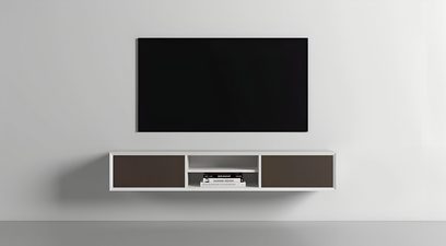 Væghængt audio-video-møbel Clic Classic Series Model 1531, hvid ramme, brune stoflåger, centerniche, frontvisning