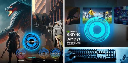 Edestä päin otettu digitaalinen kollaasi, jossa näkyy videopelikohtauksia, suuri sininen pyöreä käyttöliittymä, NVIDIA G-SYNC- ja AMD FreeSync -logot sekä matta musta muovinen näppäimistö kuvan alareunassa