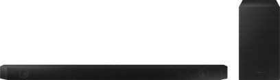 Samsung HW-Q60B/ZF sort soundbar, set forfra, med centralhøjttaler og separat basrør