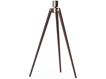 Suport pentru videoproiector Valerion WTS-01 Walnut Tripod Stand, trepied din lemn de nuc maro închis cu trei picioare subțiri și cap cilindric metalic argintiu, vedere din față