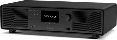 Sistem hi-fi all-in-one Sonoro Avaton negru mat, carcasă cu aspect plastic, vedere din trei sferturi față, ecran, roțiță de control, grătare diagonale