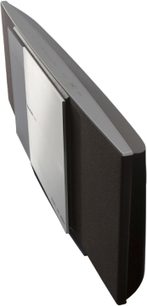 Mini sistema de audio Hi-Fi Panasonic SC-HC30 negro, vista lateral, parte frontal a la derecha, altavoz vertical rectangular delgado