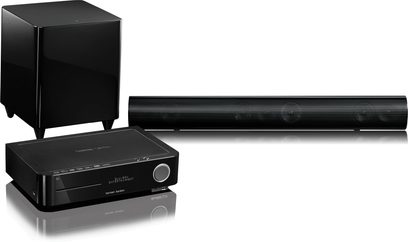 Harman Kardon BDS 600 sort soundbar, basrør og Blu-ray-afspiller, set forfra