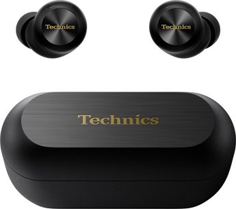 Bezprzewodowe słuchawki hi-fi Bluetooth Technics EAH-AZ100E czarne z 2 okrągłymi słuchawkami i prostokątnym etui o zaokrąglonych rogach