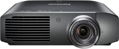 Panasonic PT-AT5000 black video projector, front view, centered lens, side ventilation grilles, buttons on top