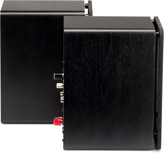 Schwarzes Paar Elac Debut ConneX DCB41 Wireless-Lautsprecher, Holzoptik, Seitenansicht, Stoffgrill und rückseitige Anschlüsse