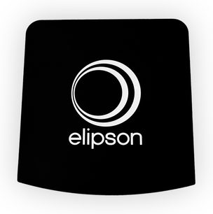 Bílé logo Elipson na černém čtvercovém pozadí, představující dva stylizované částečné soustředné kruhy