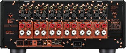 Marantz AMP 20, чорний металевий корпус з заднього боку, з верхніми рядами золотих роз'ємів XLR і RCA, дванадцятьма клемними колодками для динаміків червоно-чорно-білих кольорів на мідних пластинах та портами управління та роз'ємом живлення внизу