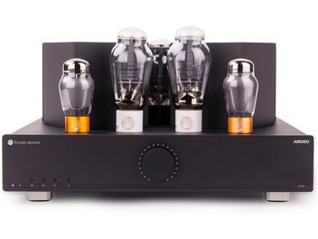 Feliks Audio Arioso 300B fekete csöves erősítő, elölnézet négy látható csővel és széles középső forgatógombbal