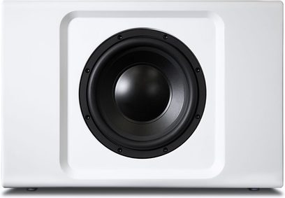 BlueSound PULSE SUB+ matte white subwoofer, front view, circular black speaker in the center of a square white enclosure