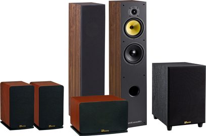 Sada reproduktorů Davis Acoustics Maya 5.1 ořech: 2 sloupové, 1 centrální, 2 regálové a 1 subwoofer, tmavé dřevo